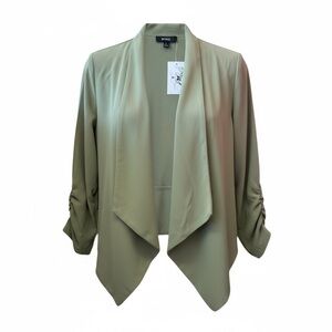 Olive Ruched Sleeve Blazer – Open Front Lightweight Layer-Medium